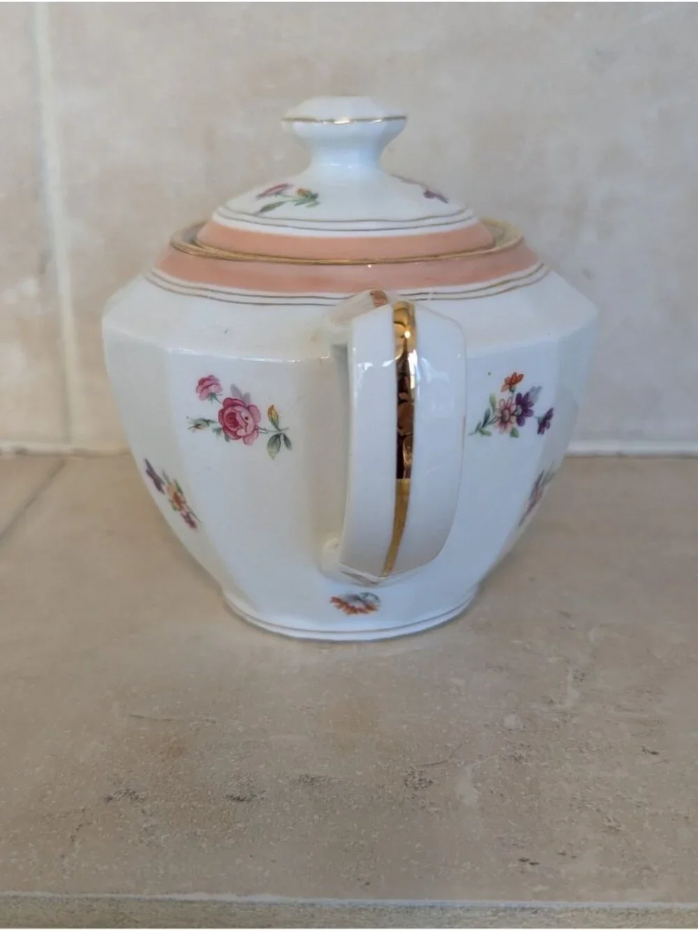 Vintage Faceted Porcelain Teapot MCM Floral Pattern Gold Gilt Trim Elegant